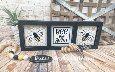 Unfinished kit measures apx. 15.5” x 5.5” and includes wooden Mdf
•backing piece
•black vinyl bees and bee our guest
•honeycomb stencil
