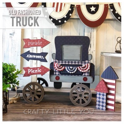 Unfinished kit measures apx. 12”
tall and comes with wooden MDF 
•truck with tailgate overlay 
•2- fireworks 
•sign and vinyl 

*bunting on back of truck is made out of paper and is not included in the unfinished kit. 
•••••••••••••••••••••••••••••••••••