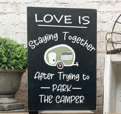 Unfinished kit includes wooden MDF sign that measures 7.5x11, and  
• white vinyl (camper is stencil) 
