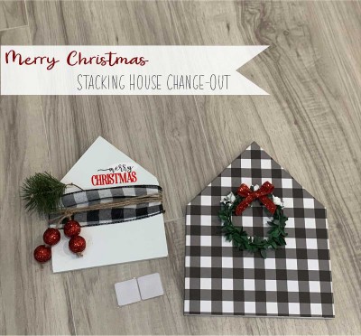 Unfinished kit measures apx. 8"x6.25" and includes wooden MDF: 
* 2 house overlays
* Black vinyl (Christmas is stencil.) 
