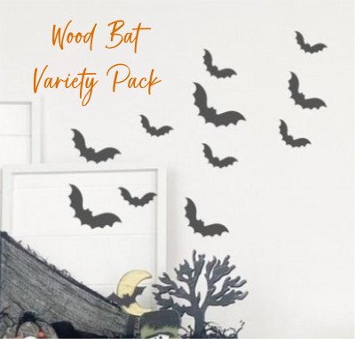 Unfinished kit includes wooden MDF: 
* 2 large bats measuring 8" wide
* 3 medium bats measuring 5.5" wide
* 6 small bats measuring 4.5" wide