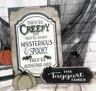 Unfinished kit measures apx. 12"x18" and includes wooden MDF: 
* Board
* "Creepy" wood letters
* 2 wood bats
* Black vinyl