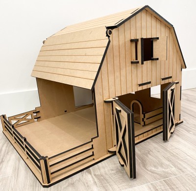 Barn measures apx. 16" tall with the base measuring apx. 21"x18". Kit includes wooden MDF: 
* 36 total pieces
* Barn will come unfinished and unassembled
* Instructions on how to put it together will be included in each kit. 

**This is a Limited Quantity item, with restocks in the future. 