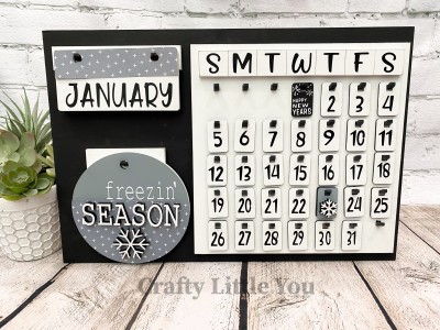 Unfinished kit measures apx. 6" on the circle and includes wooden MDF: 
* 1 hanging circle
* "SEASON" wood overlay letters
* 1 large wood snowflake overlay
* 1 small wood snowflake overlay
* 2 date tags
* White vinyl