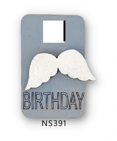 Unfinished kit measures apx. 1"x1.6" and includes wooden MDF:
* 1 hanging tag with engraved "BIRTHDAY"
* 1 set of angel wings wood overlay