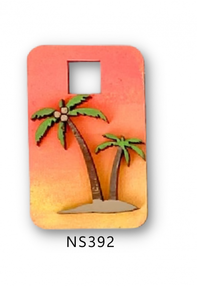 Unfinished kit measures apx. 1"x1.6" and includes wooden MDF:
* 1 hanging tag
* 1 set of connected palm trees wood overlay
