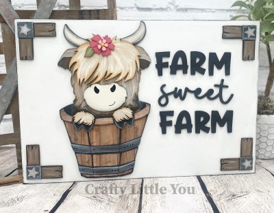 Unfinished kit measures apx.12"x18" includes wooden MDF:
*1 12"x18" main back piece
*1 cow main piece
*1 hair overlay
*1 snout overlay
*1 barrel rim overlay with engraved feet
*2 feet hair overlays
*1 main flower overlay
*1 small center flower overlay
*4 "L" shaped corner pieces with engraved stars
*2 sets of "FARM" wood letters
*1 "sweet" cursive wood letter