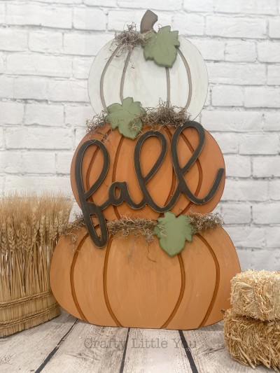 Unfinished kit measures apx. 29" tall and includes wooden MDF:
*1 small pumpkins with grooves
*1 medium pumpkin with grooves
*1 large pumpkin with grooves
*3 leaf overlays
*1 supporting brace piece for
back of pumpkins

*Pumpkins are separate from one another
 and can be connected by the
 brace piece that is included in the kit.