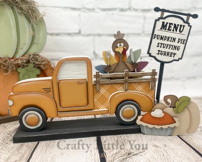 Unfinished kit includes wooden MDF:
*1 turkey main body piece
*1 feather overlay
*1 turkey hand with fork overlay
*1 turkey hand with knife overlay
*1 eyes and beak overlay
*1 pumpkin pie
*1 crust overlay
*1 whipped cream dollop overlay
*1 pumpkin
*1 leaf overlay
*1 Menu sign
*1 dowel
*Black Vinyl