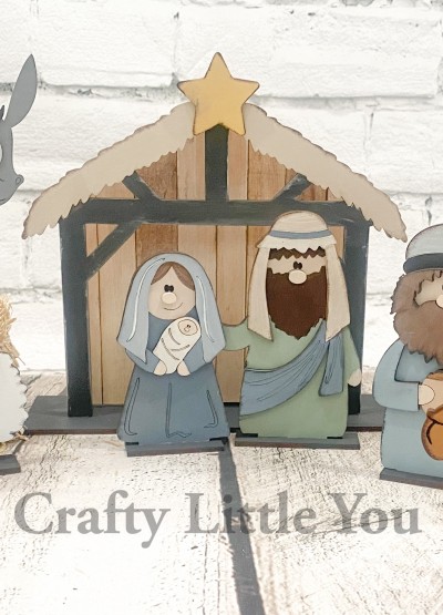 Unfinished kit measures apx. 8" on the stable and includes wooden MDF:
*1 stable main piece
*1 stable roof and beams
*1 star overlay
*1 Mary figurine with overlays
*1 Joseph figurine with overlays
*1 baby Jesus figurine
*3 bases
*Total of 13 pieces