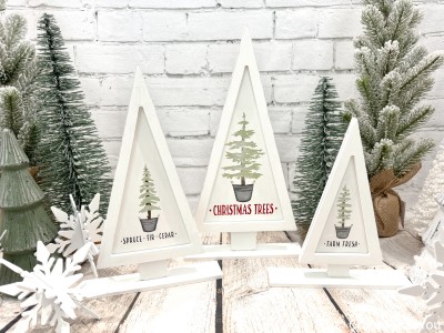 Unfinished kit measures apx.15" on the tallest tree and includes wooden MDF:
*3 tree main pieces (1 large, 1 medium, 1 small)
*3 triangle frame overlays
*3 bases