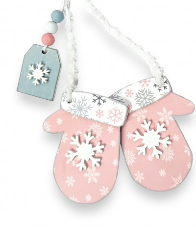 Unfinished kit measures apx. 4.5" and includes
wooden MDF:
*2 mittens
*2 mitten cuff overlays
*3 snowflake overlays
*1 hanging tag