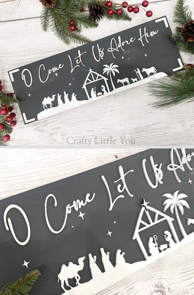 Unfinished kit measures apx.18"x6" and includes wooden MDF:
*1 main back piece
*1 nativity silhouette scene overlay
*1 Bethlehem star overlay
*1 set of “O Come Let Us Adore Him” wood words
*5 white vinyl stars