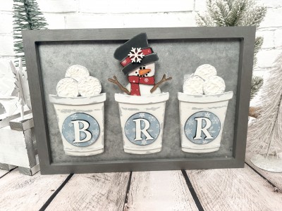 Unfinished kit measures apx. 6.25" tall on the snowman and includes wooden MDF:
*3 circles with letters (letters will pop out of circles)
*2 sets of snowball pyramids
*2 snowball overlays
*1 snowman
*1 scarf
*2 twig arms
*1 nose
*1 snowflake overlay
*Black vinyl
*3 Velcro dots
