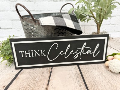 Unfinished kit measures apx. 6"x18" and includes wooden MDF:
*1 main piece board
*1 frame overlay
*1 set of “Think Celestial” wood word overlays