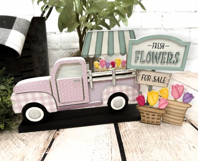 Unfinished kit measures apx. 5" on the tulip stand and includes wooden MDF:
*1 tulip stand with attached tulip baskets
*2 sitting tulip baskets
*1 sign main piece
*1 sign frame overlay
*1 set of “FLOWERS” wood letter overlays
*1 “For Sale” sign
*1 dowel
*Black Vinyl