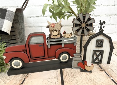 Unfinished kit measures apx. 7.25" on the barn and includes wooden MDF:
*1 Highland cow base piece
*1 hair, nose, and fur overlay
*1 flower
*3 chickens
*1 base
*1 milk can
*1 windmill with backing circle
*1 barn with frame overlay
*1 barn door and window
*1 rooster wind vane
*1 dowel