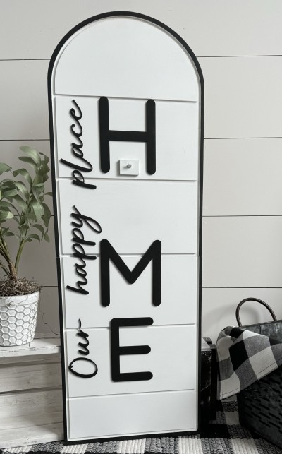 Unfinished kit includes wooden MDF:
*1 set of “Our happy place” cursive wooden letters