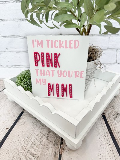 Unfinished kit measures apx. 6"x7" and includes wooden MDF:
*1 sign main piece
*1 set of “PINK” wood overlay letters
*1 wooden customized name
*White vinyl

* Customization only allowed for the Name, and not the word "Pink." 
** Each kit will include both “We’re” and “I’m” in white vinyl - allowing you to select the one that suits your family best!