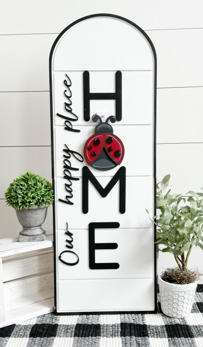 Unfinished kit measures apx. 6” and includes wooden MDF:
*1 ladybug main piece
*1 set of wings
*6 dot overlays
*2 antennae
 