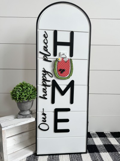 Unfinished kit measures apx. 6" tall and includes wooden MDF:
*1 watermelon main piece
*1 rind overlay
*1 watermelon center overlay
*1 flower with center overlay
*3 seeds