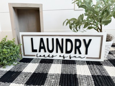 Unfinished kit measures apx. 6"x18" and includes wooden MDF:
*1 main piece board
*1 frame overlay (comes in two pieces)
*1 set of “LAUNDRY” wood letter overlays
*1 set of “loads of fun” cursive wood word overlays