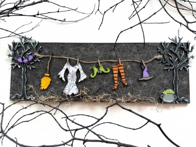 Unfinished kit measures apx. 6"x18" and includes wooden MDF:
*1 main piece board
*2 spooky trees
*1 broom
*1 witch dress
*1 pair of shoes
*1 pair of tights
*1 witch hat
*1 cauldron
*1 bat
*5 clothespins