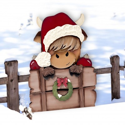 Unfinished kit measures apx. 8" and includes wooden MDF: *1 base Highland Cow *1 Santa hat and hair with overlay *1 nose/mouth piece *2 hooves with fur overlay *1 box overlay, wreath with bow, ornament overlay