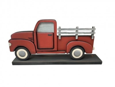 Unfinished kit measures apx. 5.5"x11" and includes wooden MDF:
* 1 truck main piece
* 1 hood, door frame, door, footboard, and truck bed fence overlay
* 2 wheel well and tire overlays
* 1 truck base with drilled hole for sign change-outs 