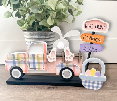 Unfinished kit measures apx.9" tall on sign and includes wooden MDF:*3 street sign boards “ egg hunt”, “carrots” “jelly beans” *1 dowel *1 egg basket with overlay brim *1 bunny head *1 bunny body *2 feet  *2 spacers