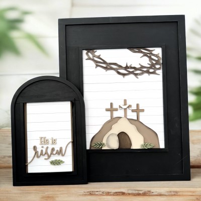 Unfinished kit pieces made to fit Framed Art and includes wooden MDF: *1 - 8"x10"  and 5"x7" backs *1 set of “He is Risen” lasered wood words   
*1 tomb with 3 crosses *1 tomb overlay *3 palm leaves *1 crown of thorns