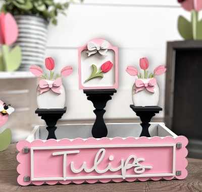 Unfinished Kit measures 13.5"x5"and includes wooden MDF: *1 scalloped back *1 “Tulips” lasered word with border