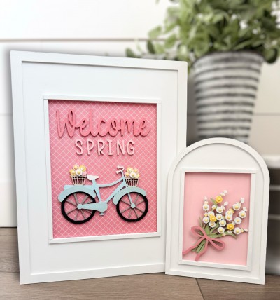 Unfinished kit pieces made to fit Framed Art and includes wooden MDF: *1-8x10" Back *1-5x7" Back *1-Welcome Spring letters *1- Bike and overlays *1-Flower bouquet and overlays *1- Bow
