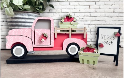 Unfinished kit measures apx. 5" tall on sign and includes wooden MDF: *1 easel with “Berry Patch” engraved *2 strawberries *2 strawberry cartons with carton overlays *2 strawberry bunch with overlays *6 small flowers *1 strawberry with leaf overlay