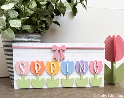 Unfinished kit measures apx 12"x6" and includes wooden MDF: *1 - 12"x6" back piece *1- ribbon bow *6 - tulips *1 - set of “SPRING” lasered words