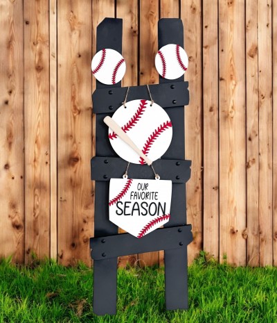 Unfinished kit measures 10" tall on Baseball and includes wooden MDF: *1 - baseball with lace and bat overlay *1 - home plate with lace overlay *1 - “SEASON” lasered letters *1 - “OUR FAVORITE” black vinyl *2 - baseballs with lace overlay