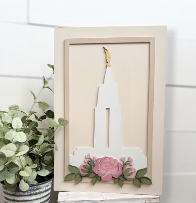 Unfinished kit measures apx 12"x18" and includes wooden MDF: *1 - 12"x18" back *1 - frame *1 - temple with angel Moroni *1 - set of flowers and leaves with overlays