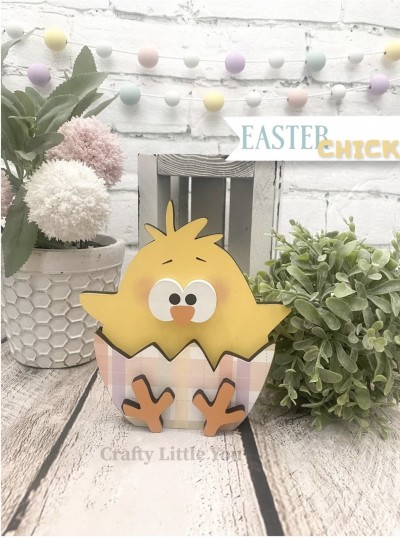 Unfinished kit measures apx. 6" and includes wooden MDF: 
* 1 chick main piece
* 1 egg shell overlay
* 2 chick feet overlays
* 1 eyes overlay
* Black vinyl