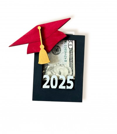 Unfinished kit measures apx. 4.5" and includes wooden MDF: 
* 1 front panel with attached year
* 1 middle spacer
* 1 back panel 
* 1 graduation hat with tassel overlay