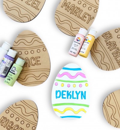Unfinished kit measures 8" and includes wooden MDF: *1 egg with lasered details & personalized named

*Please specify name when ordering.
If not noted, egg will be sent blank. 