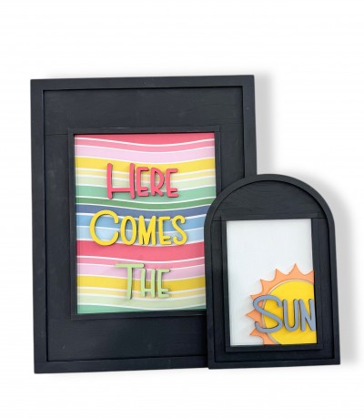 Unfinished kit pieces made to fit Framed Art and includes wooden MDF: *1-8x10" Back *1-5x7" Back *1-”HERE COMES THE SUN” lasered words *1- sun / sun rays
