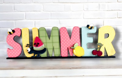 Unfinished kit measures apx 17"x 5"   and includes wooden MDF: *1 - base *1 - “SUMMER” lasered letters *1 - ant with eye and watermelon with 3 seed overlays *1 - lemon with leaf overlays *1 - cherry *2 - bees