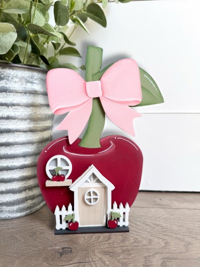 Unfinished kit measures apx 8" tall  and includes wooden MDF: *1 - base *1 - cherry  *1 - bow *1 - door, window *1 - door overlay with fences *2 - cherries *1 - window overlay with cherry