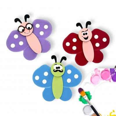 Unfinished kit measures 6" and includes wooden MDF: *1 - butterfly wings *1 - butterfly body *1 - butterfly head with antennas *1 - glasses *3 - silly vinyl face options *6 - white vinyl circles
