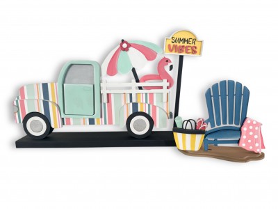 Unfinished kit measures apx. 8" tall on sign and includes wooden MDF: *1 - flamingo and umbrella *1 - “summer vibes” sign *1 - bag and chair with towel overlay *1 - sand base *1 - dowel