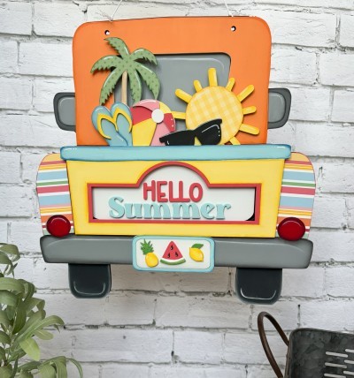 Unfinished kit pieces made to fit the Hanging Truck 2.0 and include wooden MDF:
*1 truck cab overlay
*2 fender overlays
*1 tail gate overlay
*1 license plate
*1 tailgate panel with connected palm tree and sun
*3 beach ball panel overlays
*1 flip flop overlay
*1 flip flop toe piece
*1 pair of sunglasses
*1 set of “Hello Summer” wood letters
*1 miniature pineapple, watermelon, and lemon overlays
*6 pieces square Velcro