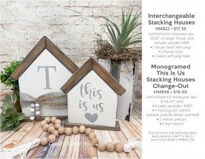 Unfinished kit measures apx. 8"x6.25" and includes wooden MDF:
* 1 monogram stencil (please specify letter wanted)
* 2 velcro pieces
* Vinyl stencil