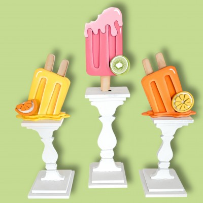 Unfinished kit is 5.5" on middle popsicle and includes wooden MDF: *3 - popsicles with overlays *2 - melted popsicle puddle *1 - melting popsicle droplet *3 - fruit