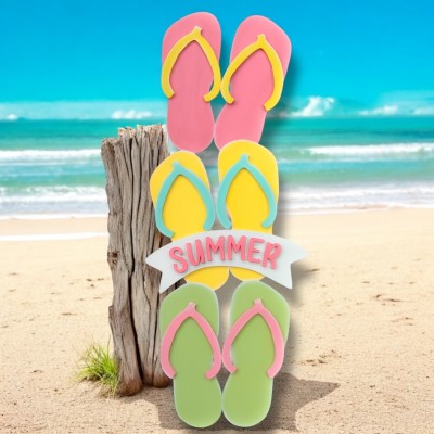 Unfinished kit measures apx 30" tall  and includes wooden MDF: *1 - set of 2 flip flops *1 - set of 1 flip flops *6 - flipflop toe piece overlays *1 - banner *1 - “SUMMER” laser word *2 - brace back